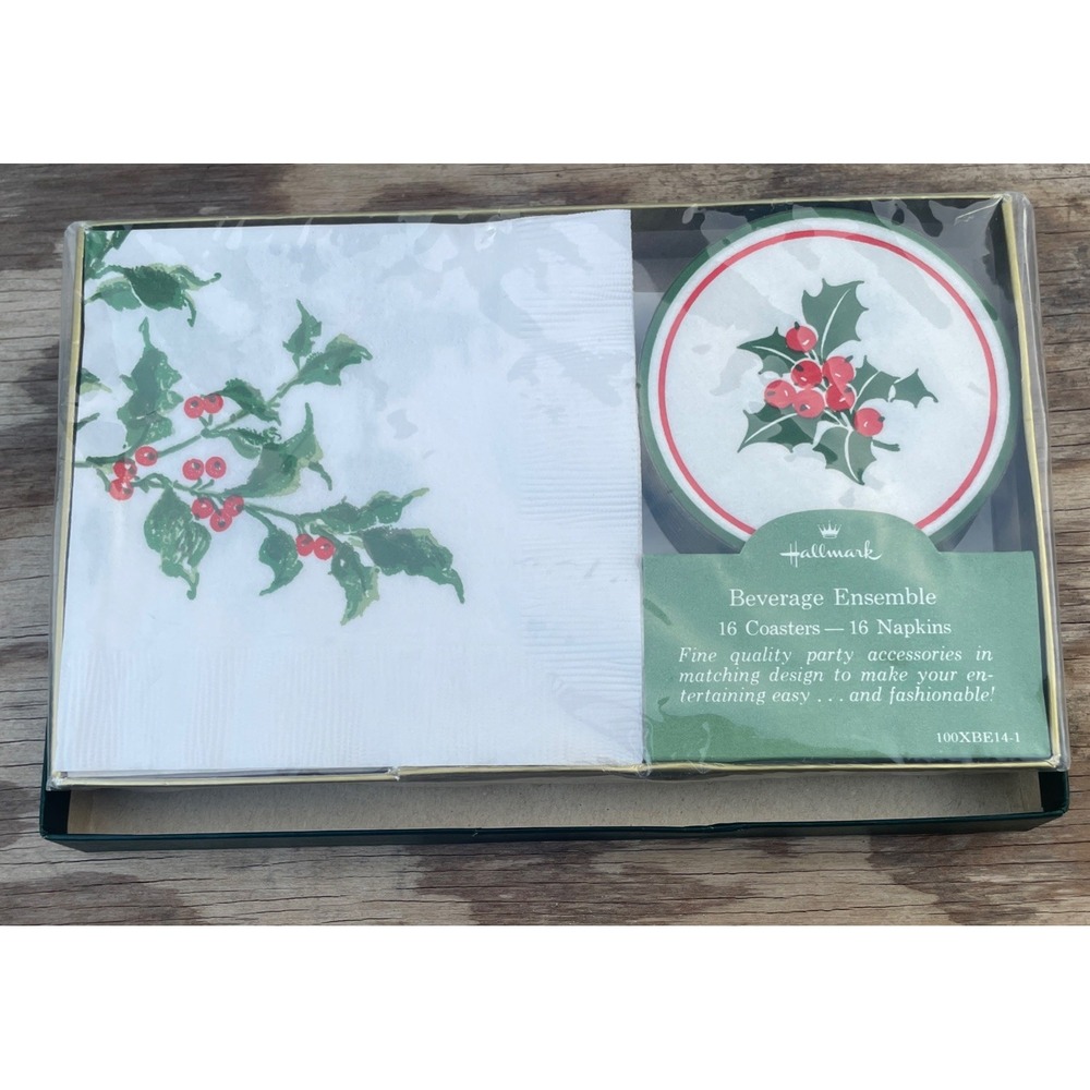Hallmark Vintage Beverage Ensemble 16 Piece  Holly & Berries  Coasters & Napkins